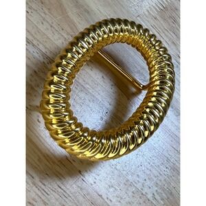 Terry Stack Cord Belt Buckle Gold Oval Ribbed Textured Vintage 1996